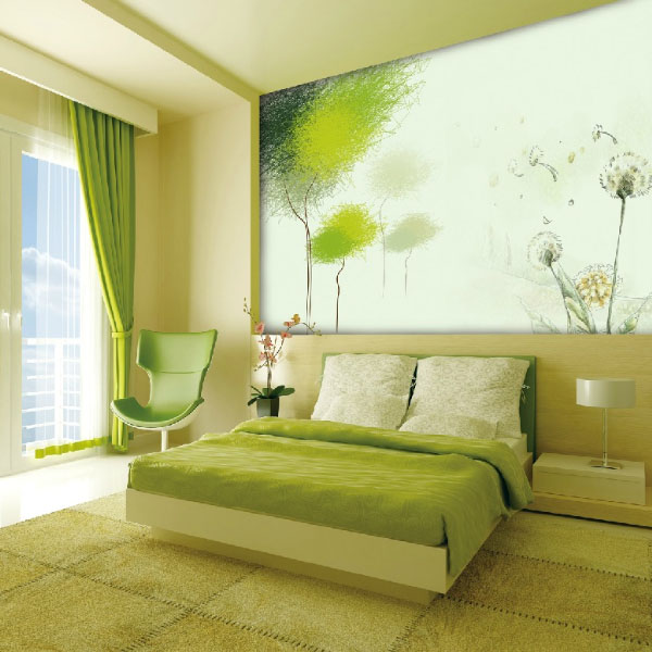 Phòng ngủ màu xanh lá tươi mát và đẹp mắt.