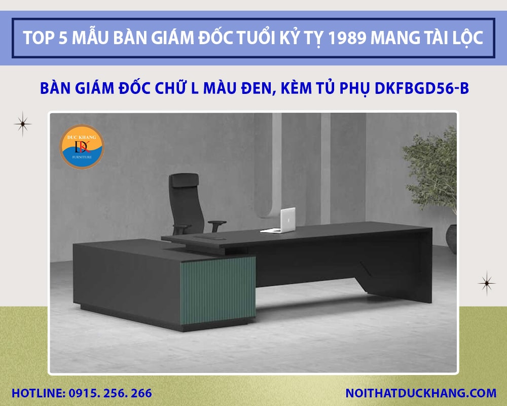 Bàn giám đốc chữ L màu đen, kèm tủ phụ DKFBGD56-B
