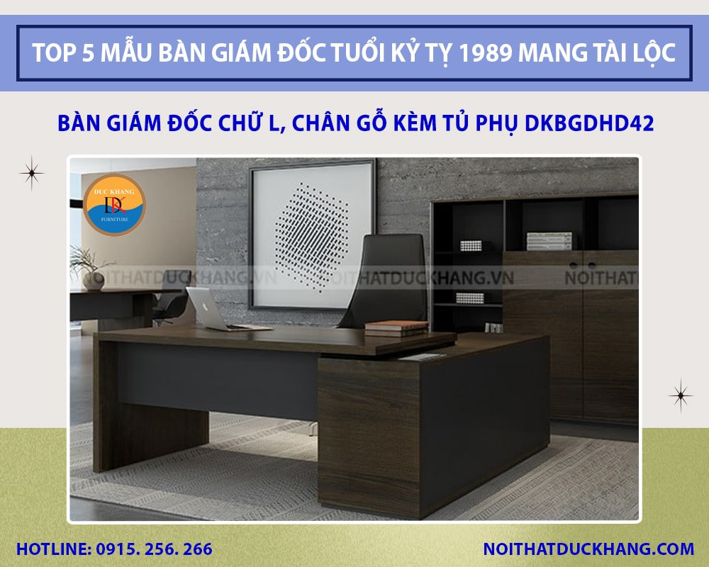 Bàn giám đốc chữ L, chân gỗ kèm tủ phụ DKBGDHD42