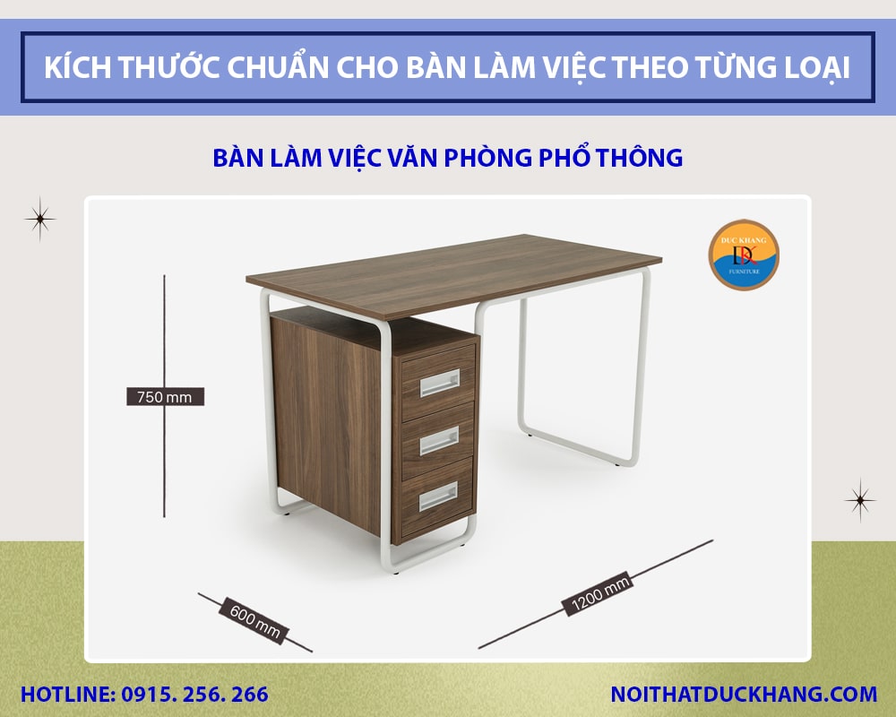 Kích thước chuẩn cho bàn làm việc theo từng loại - Bàn làm việc văn phòng phổ thông